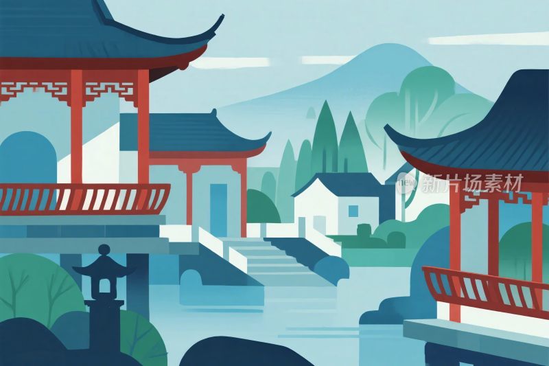 古风建筑山水风景插画