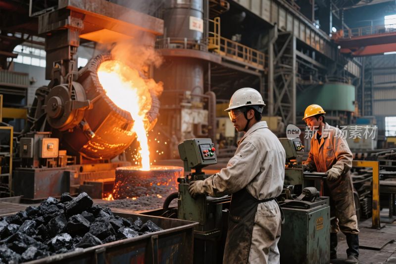 工人在钢铁厂炼钢作业