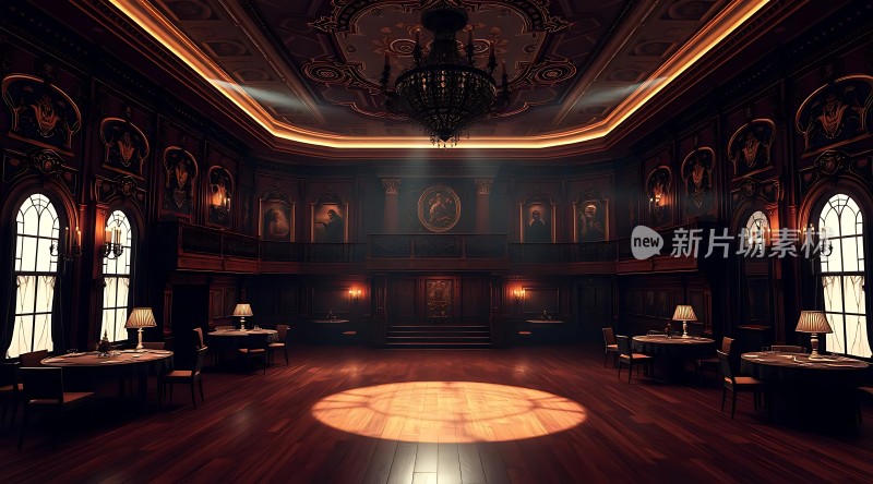 豪华大厅古典优雅光影交错氛围神秘