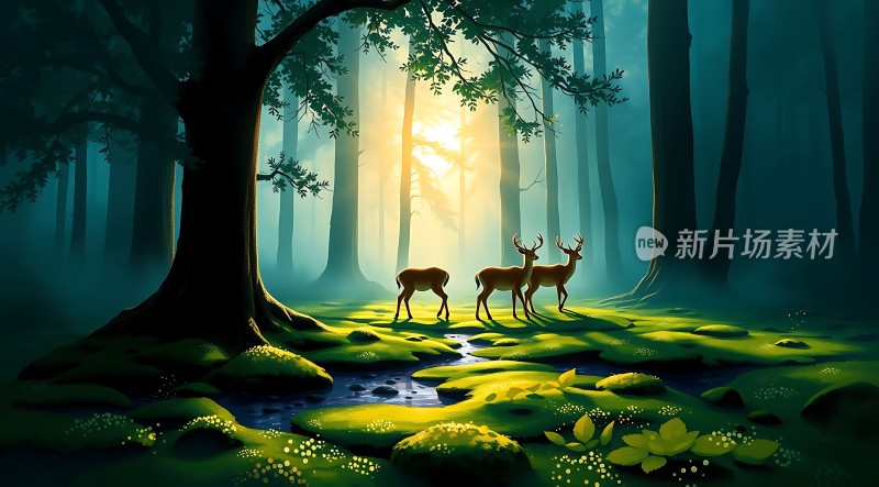 晨曦中的森林鹿影