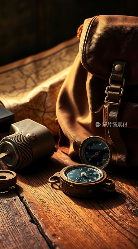 探险装备指南针、相机和地图