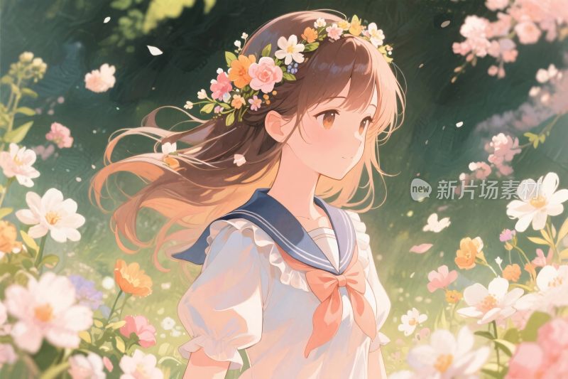 春日少女花丛插画