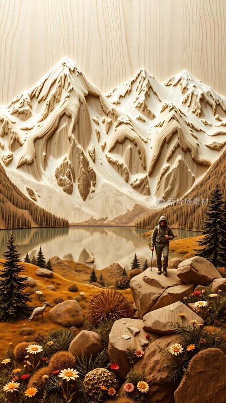 雪峰映湖徒步者探秘自然之美