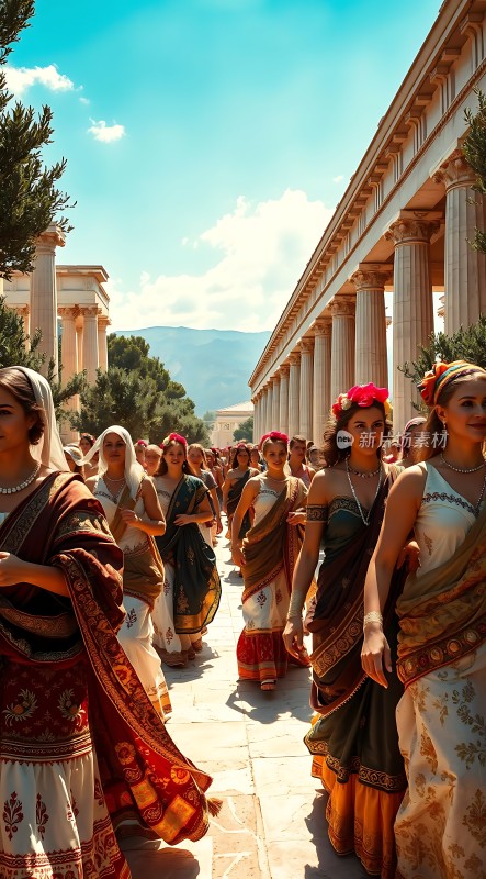 希腊柱廊下的传统服饰游行