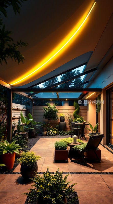 现代庭院夜景绿意盎然灯光璀璨