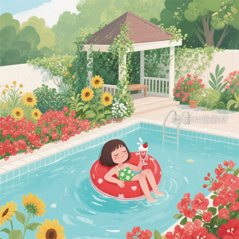 夏天节气游泳池女孩手绘插画