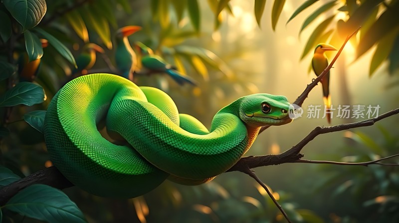 翠绿蛇影映枝头小鸟静观森林间