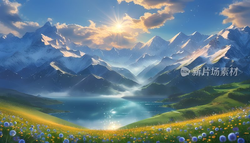 雪山下的宁静湖泊 雪山 湖泊 草地 鲜花