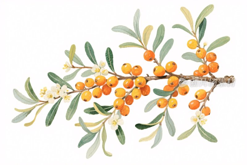 手绘沙棘枝叶插画