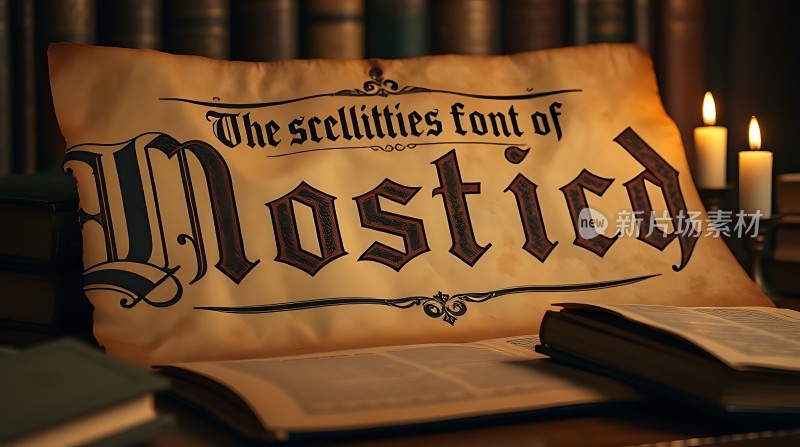 古旧字体展示蜡烛与书籍营造温馨氛围