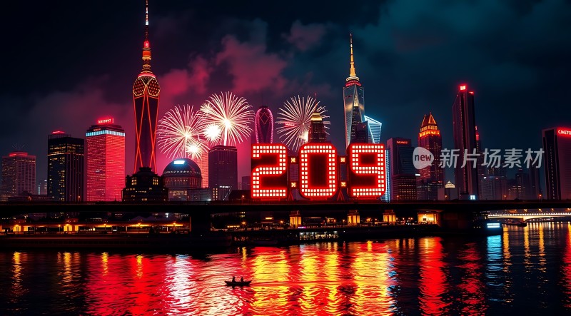 2019跨年夜烟花绽放城市夜景