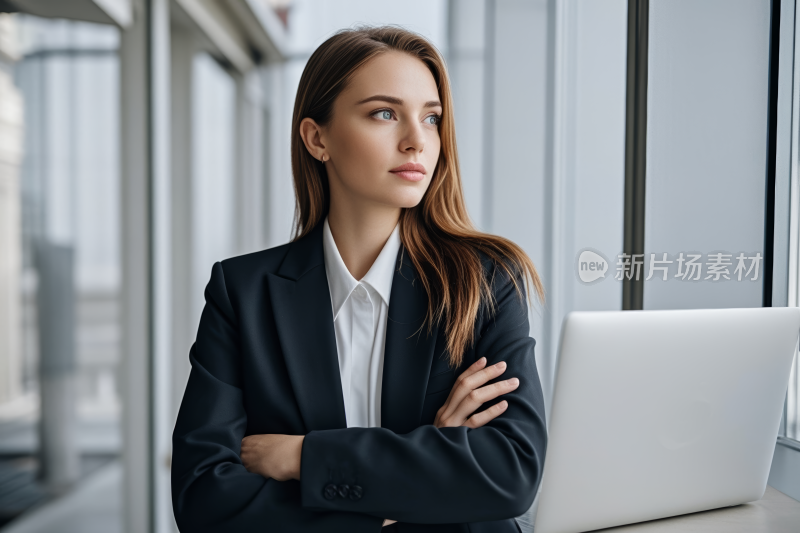 穿着商务套装的妇女望着窗外高清图片