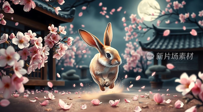 春夜月下兔影花间