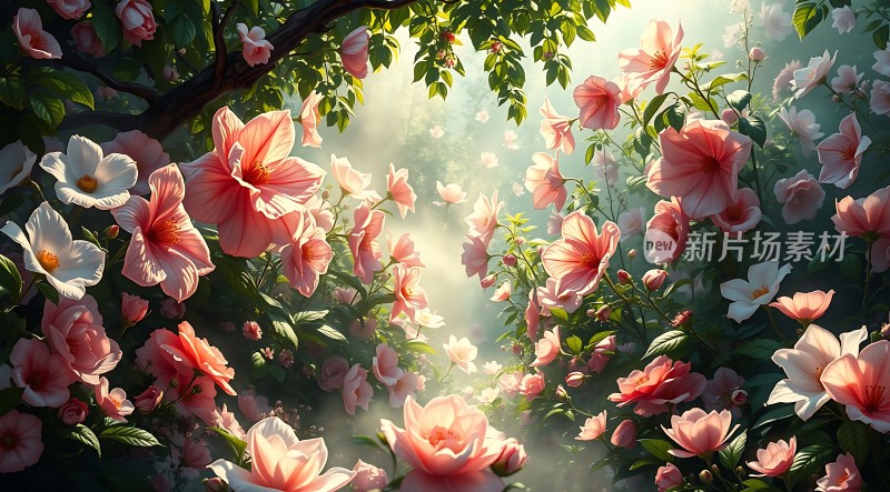 阳光下的粉色花朵盛开