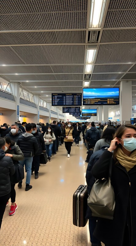 机场候机大厅人潮涌动旅客们排队等待登机