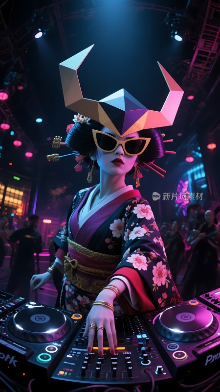霓虹灯下艺伎与现代DJ设备的碰撞