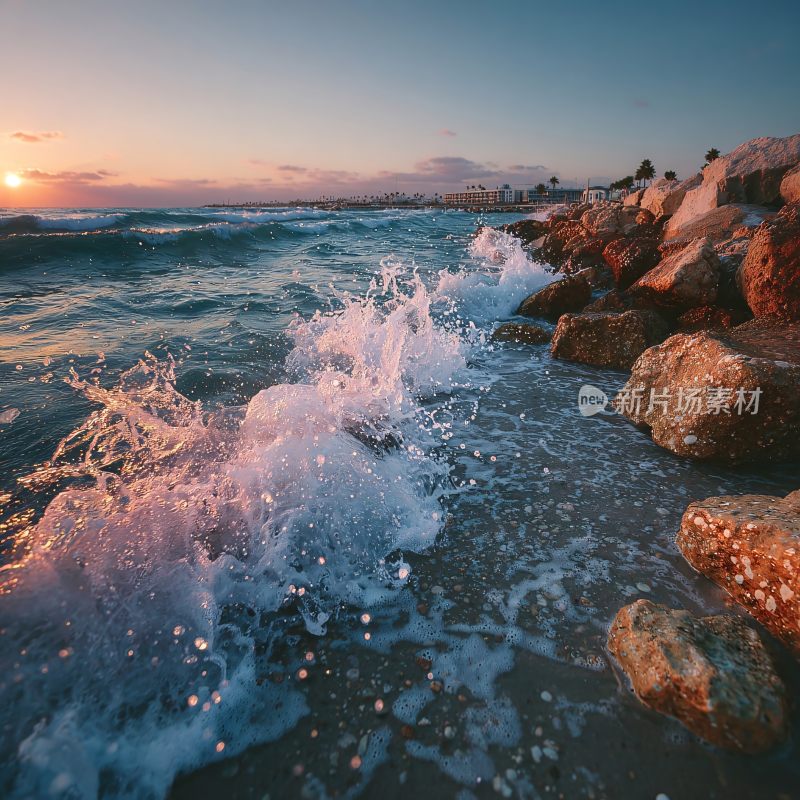 海边日落海浪拍打礁石景象