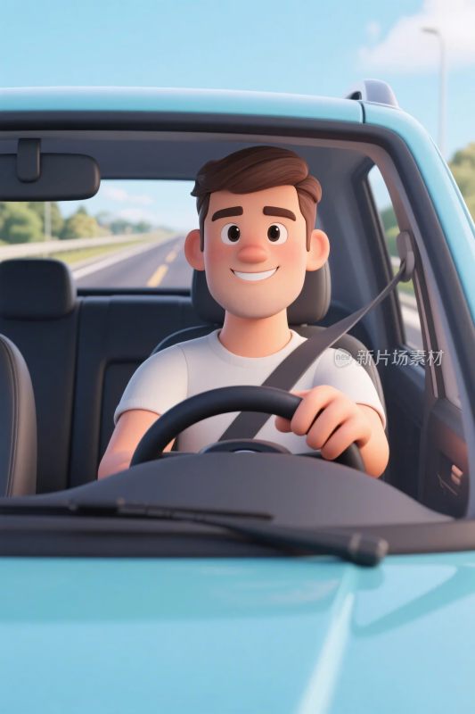 卡通男子驾驶汽车插画