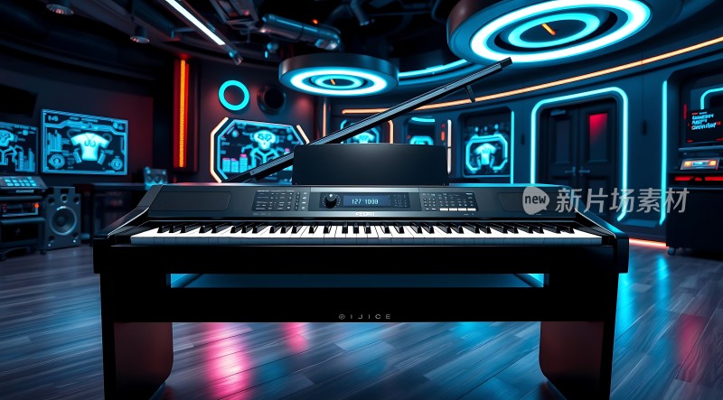 未来科技感音乐工作室电子键盘与霓虹灯光
