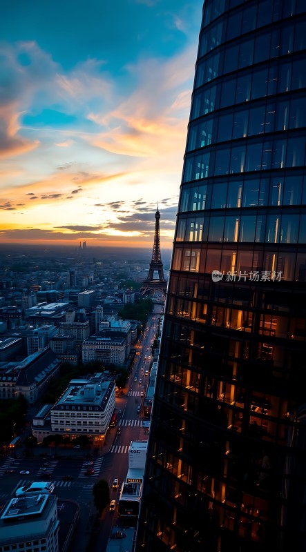 巴黎黄昏下的埃菲尔铁塔与摩天大楼