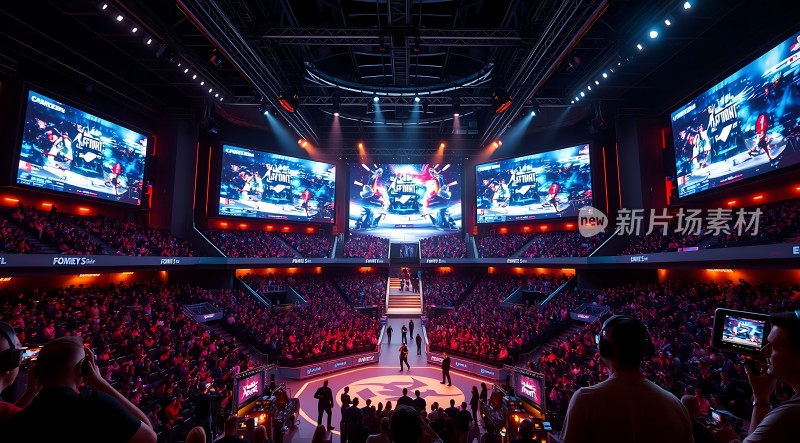 电竞比赛现场观众热情高涨舞台灯光璀璨大屏幕显示激烈对战