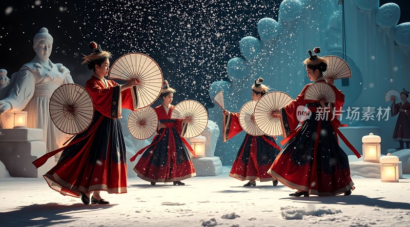 雪舞翩跹汉服佳人撑油纸伞