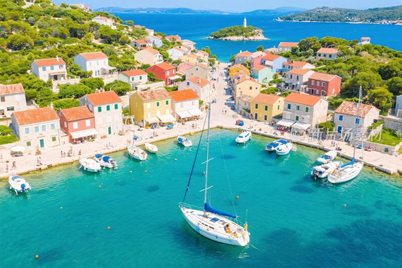 海边彩色小镇与停泊船只景观