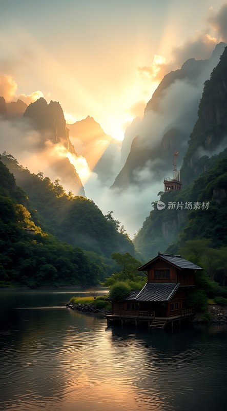 晨光中的山间小屋