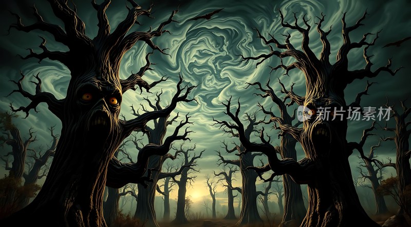 黑暗森林诡异树精神秘天空下的恐怖景象