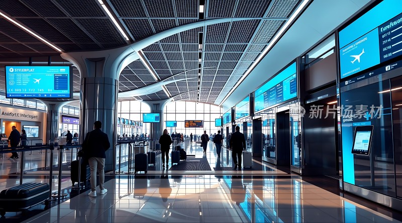 现代机场候机大厅旅客们拖着行李箱在电子显示屏前等待航班信息