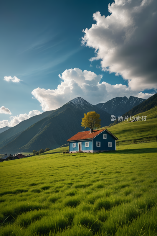 绿野里一座蓝色的房子山脉高清风景图片