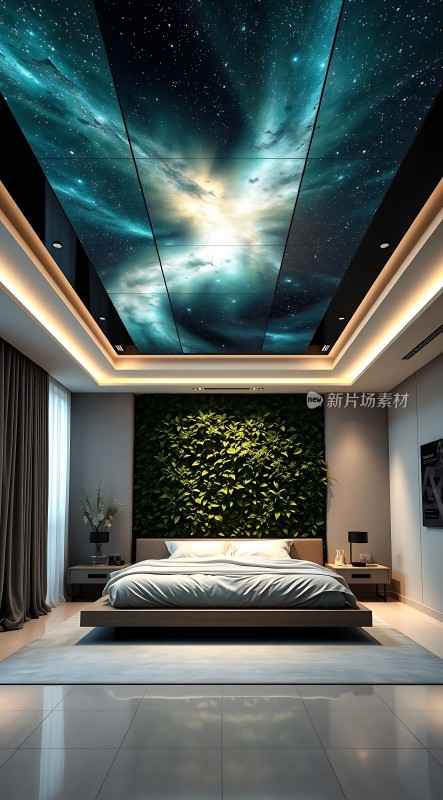 星空卧室绿植背景现代简约风格