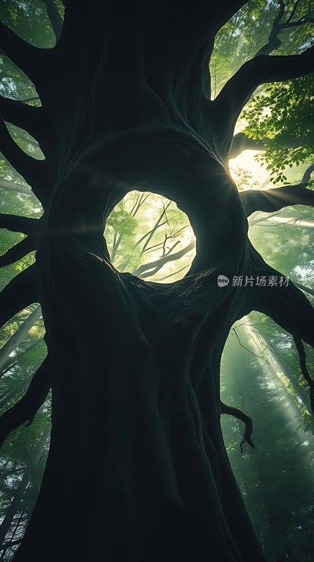 阳光透过大树洞口洒下神秘而美丽
