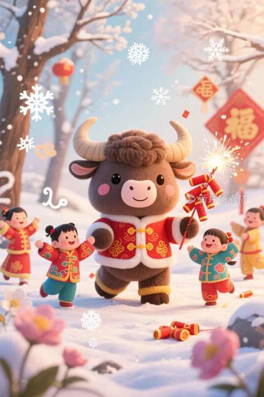 春节卡通生肖牛孩童雪景