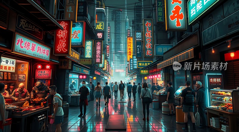 霓虹灯下的繁华夜市