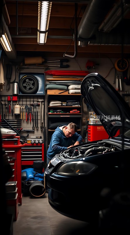 修车工人在车间里专注地检查汽车引擎