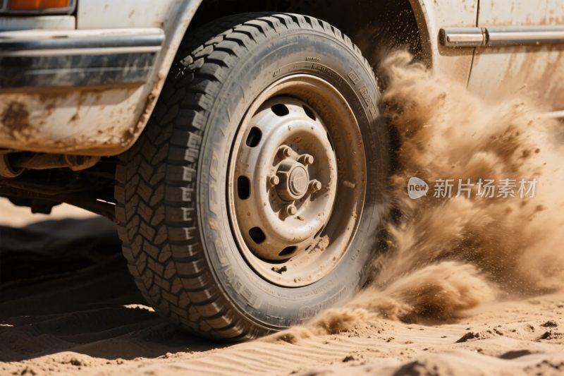 越野车车轮溅起沙尘