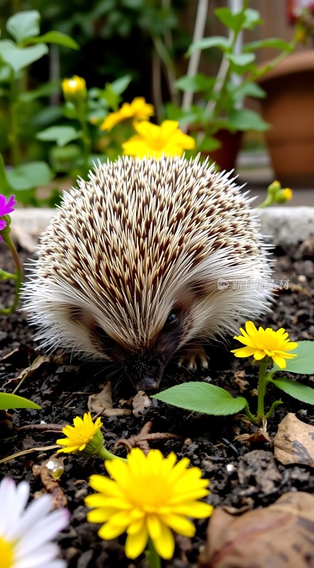 小刺猬探出头周围是黄色和白色的小花