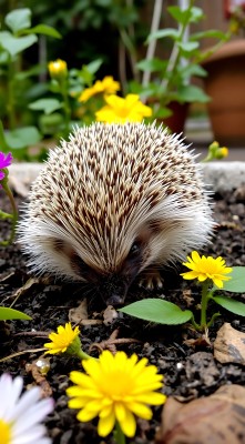 小刺猬探出头周围是黄色和白色的小花 小刺猬探出头周围是黄色和白色的小花