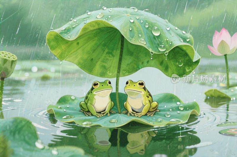 雨中青蛙荷叶图