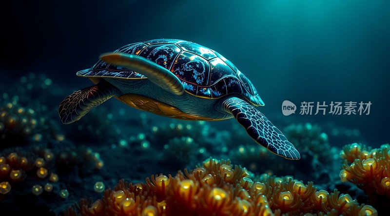 深海绿海龟与发光珊瑚