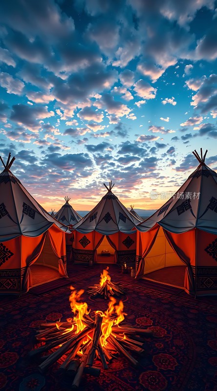 篝火旁的星空下的帐篷群