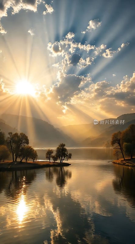 湖畔晨曦映照下的宁静美景