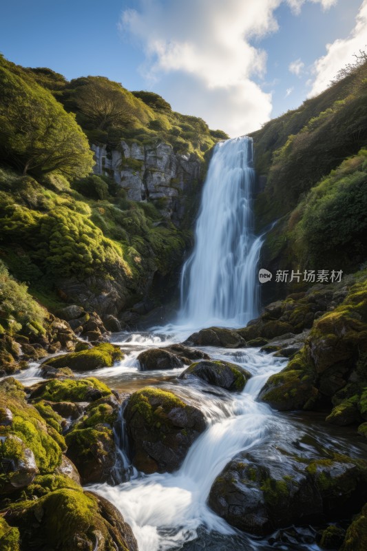 一个瀑布从一座长满青苔山上流下来风景图片