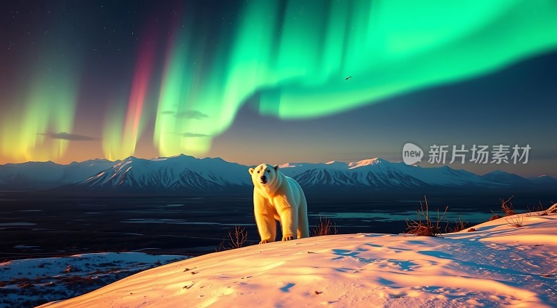 北极熊与极光共舞