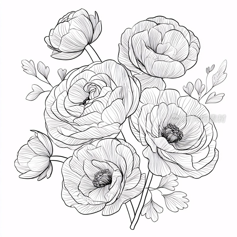 黑白线条花卉插画