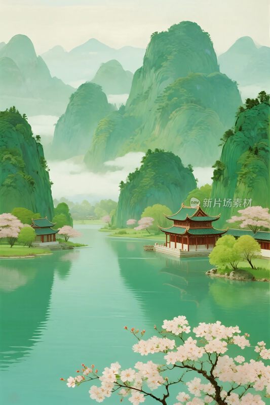 山水古风风景插画