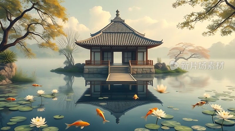 湖畔凉亭映水间金鲤戏莲荷香远