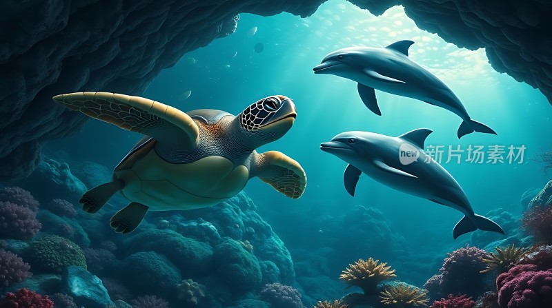 海豚与海龟共舞海底世界