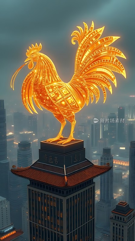 金鸡报晓迎新岁高楼耸立映晨光